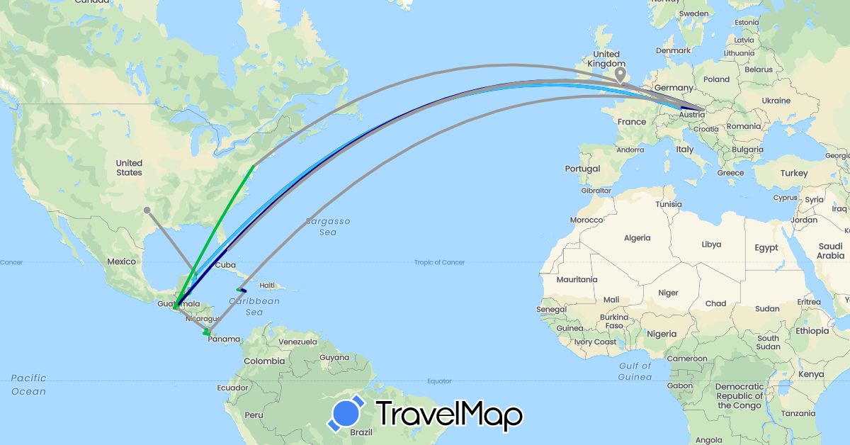 TravelMap itinerary: driving, bus, plane, hiking, boat in Austria, Belize, Costa Rica, Germany, United Kingdom, Guatemala, Jamaica, Mexico, United States (Europe, North America)
